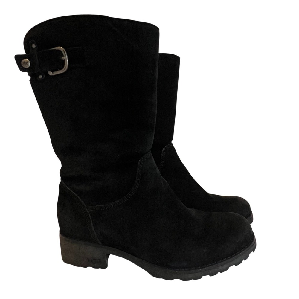 UGG Australia Boots Womens 8 Black Suede Shearling Lined Buckle Moto Lug Sole